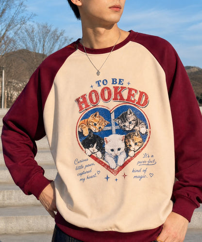 HOOK -original-　ハート猫プリントラグランスウェットプルオーバー