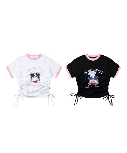 【HOOK】for girls 　裾シャーリングレトロわんちゃんプリントリンガーTEE