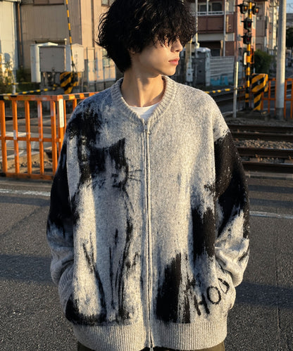 HOOK -original-　モノトーン猫ダブルジップモヘア風ニットブルゾン