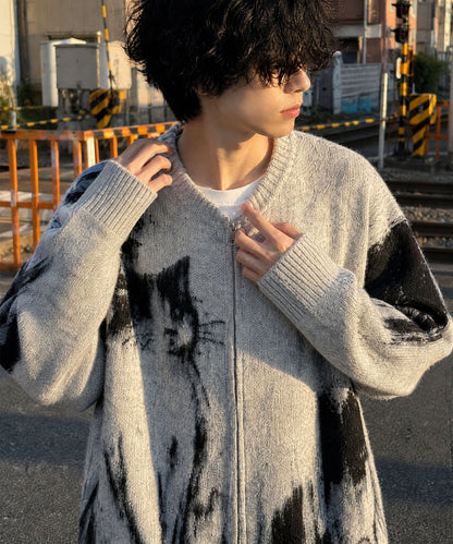 HOOK -original-　モノトーン猫ダブルジップモヘア風ニットブルゾン