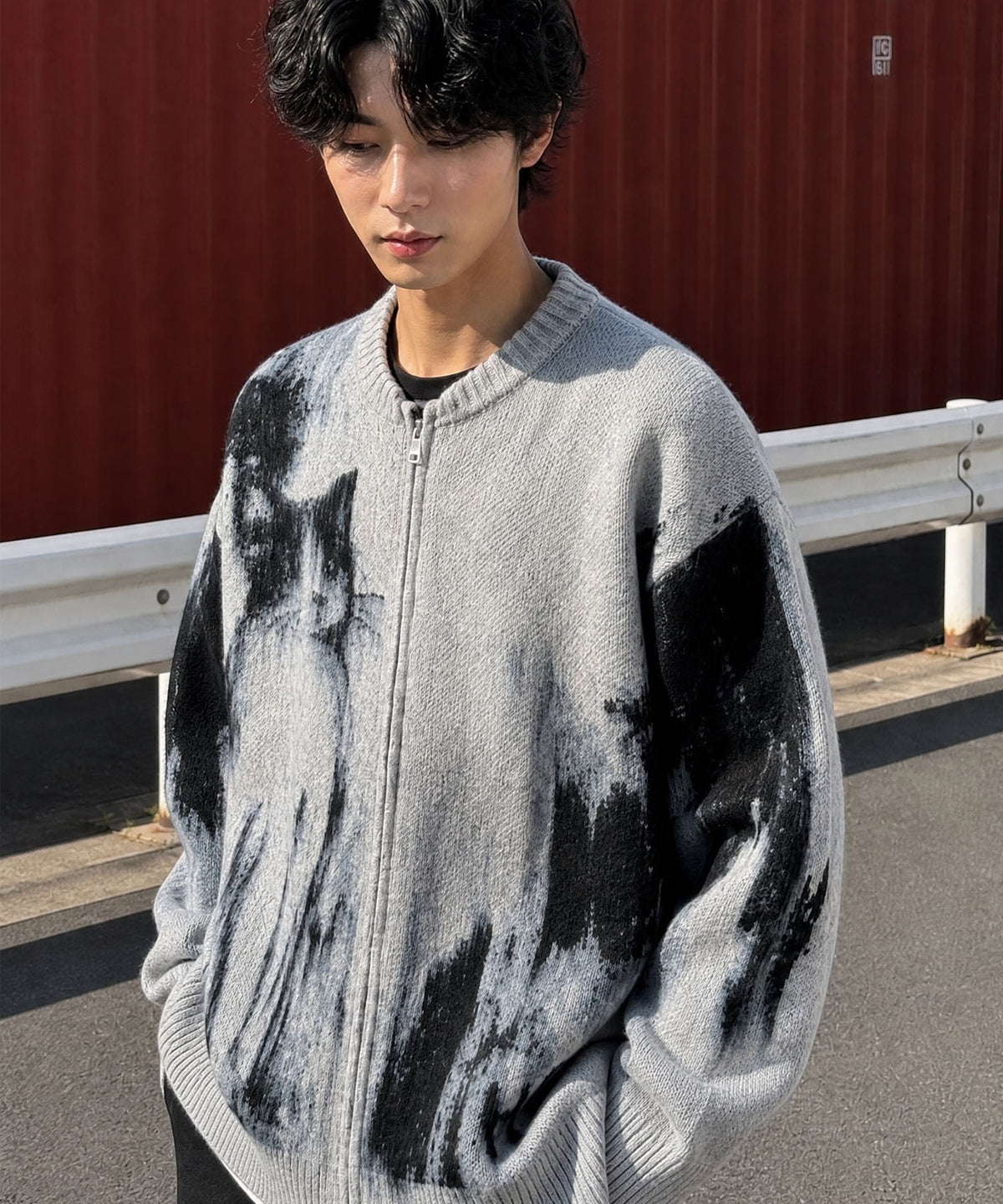 HOOK -original-　モノトーン猫ダブルジップモヘア風ニットブルゾン