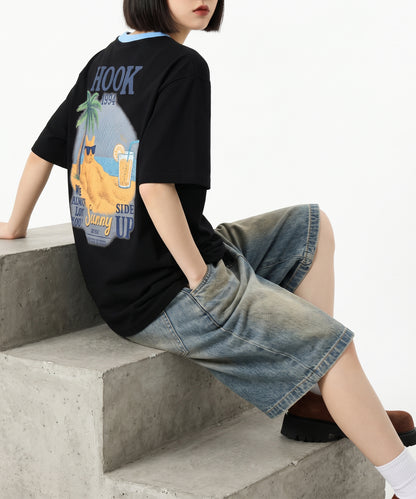 HOOK -original-　サングラスキャットビーチプリントTシャツ
