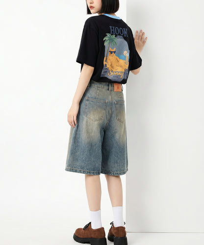 HOOK -original-　サングラスキャットビーチプリントTシャツ