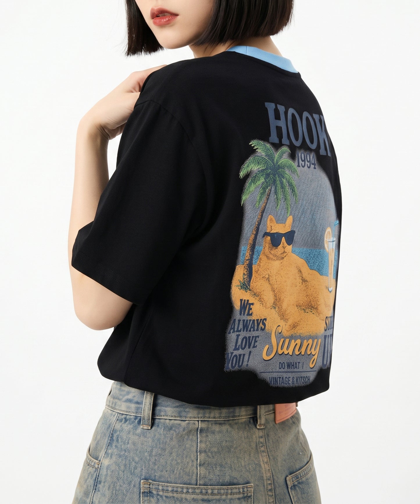 HOOK -original-　サングラスキャットビーチプリントTシャツ