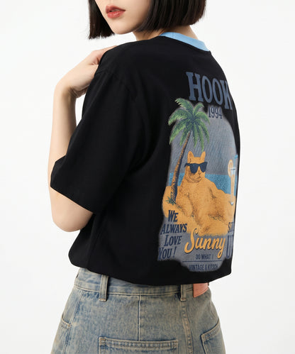 HOOK -original-　サングラスキャットビーチプリントTシャツ