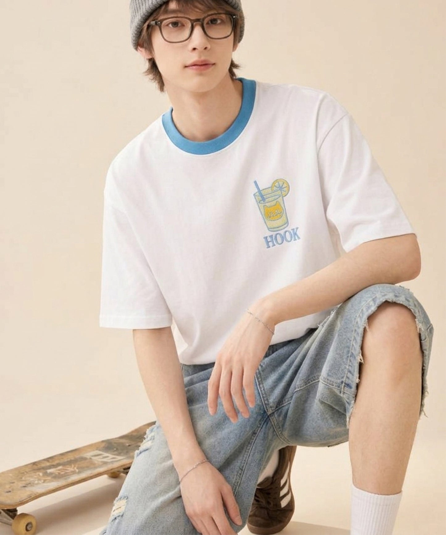 HOOK -original-　サングラスキャットビーチプリントTシャツ