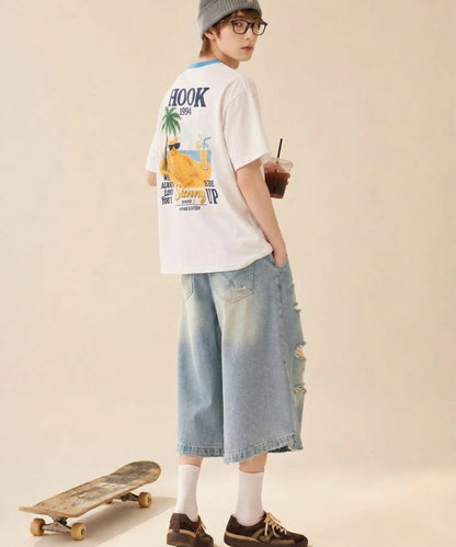 HOOK -original-　サングラスキャットビーチプリントTシャツ