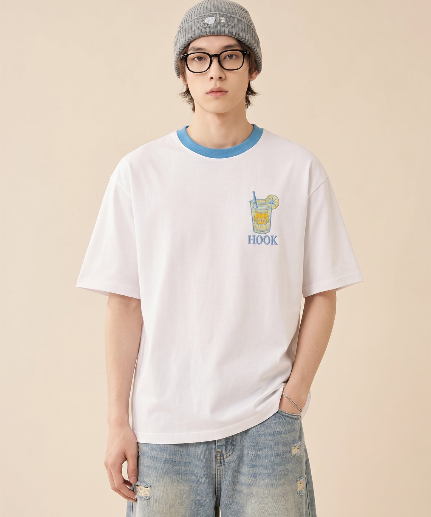 HOOK -original-　サングラスキャットビーチプリントTシャツ