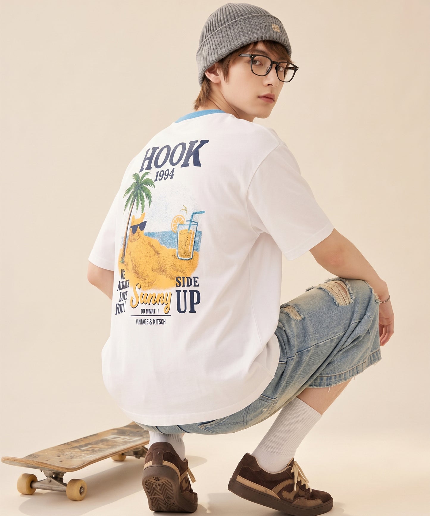 HOOK -original-　サングラスキャットビーチプリントTシャツ