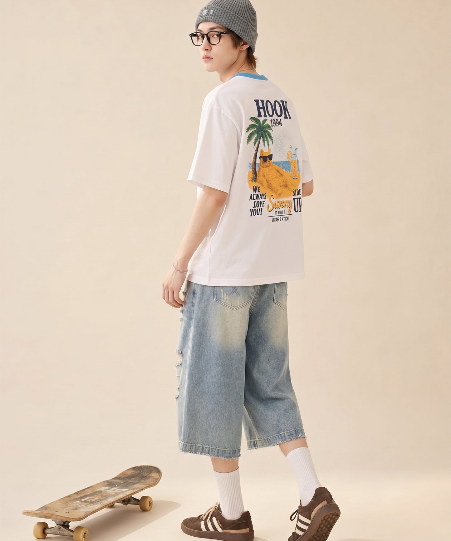 HOOK -original-　サングラスキャットビーチプリントTシャツ