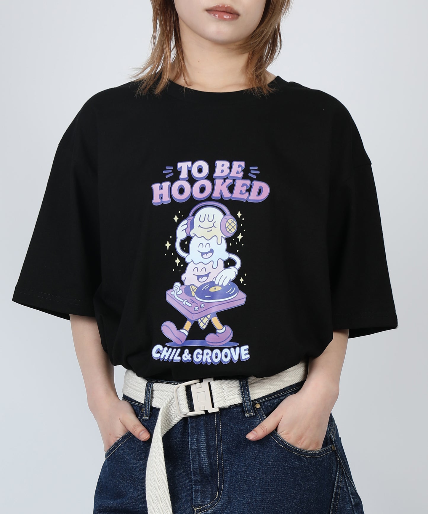 HOOK -original-　フードモチーフ アメリカンカートゥーンプリント ビッグTシャツ