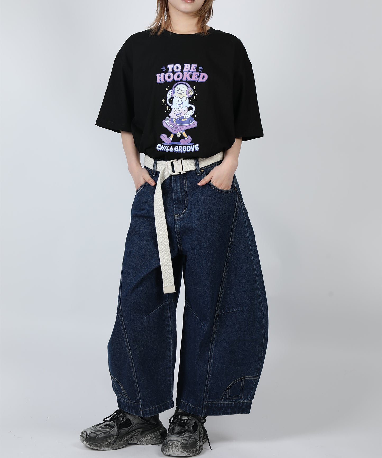 HOOK -original-　フードモチーフ アメリカンカートゥーンプリント ビッグTシャツ