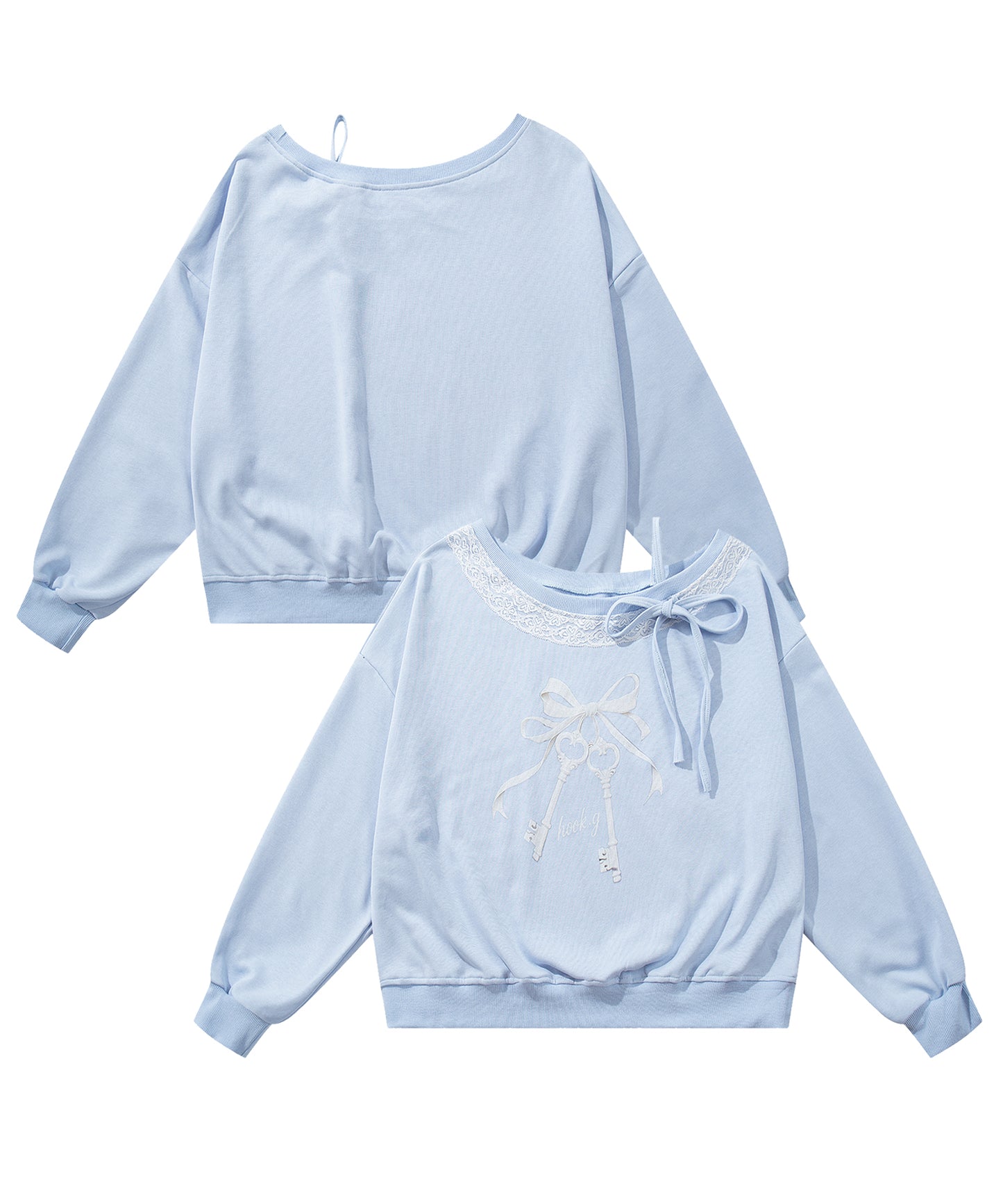 HOOK　for girls -original-　リボンキープリントレースワンショルダーリブトップス