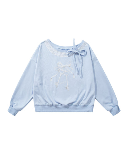 HOOK　for girls -original-　リボンキープリントレースワンショルダーリブトップス