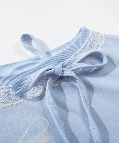 HOOK　for girls -original-　リボンキープリントレースワンショルダーリブトップス