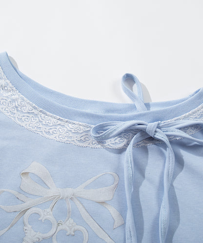 HOOK　for girls -original-　リボンキープリントレースワンショルダーリブトップス