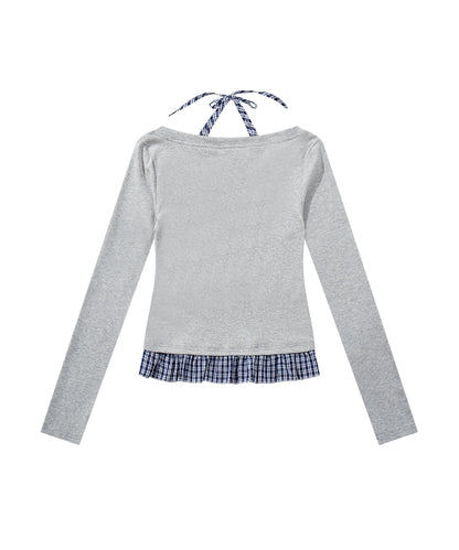 HOOK　for girls -original-　レイヤード風 アメカジ刺繍 チェックペプラムカットソー