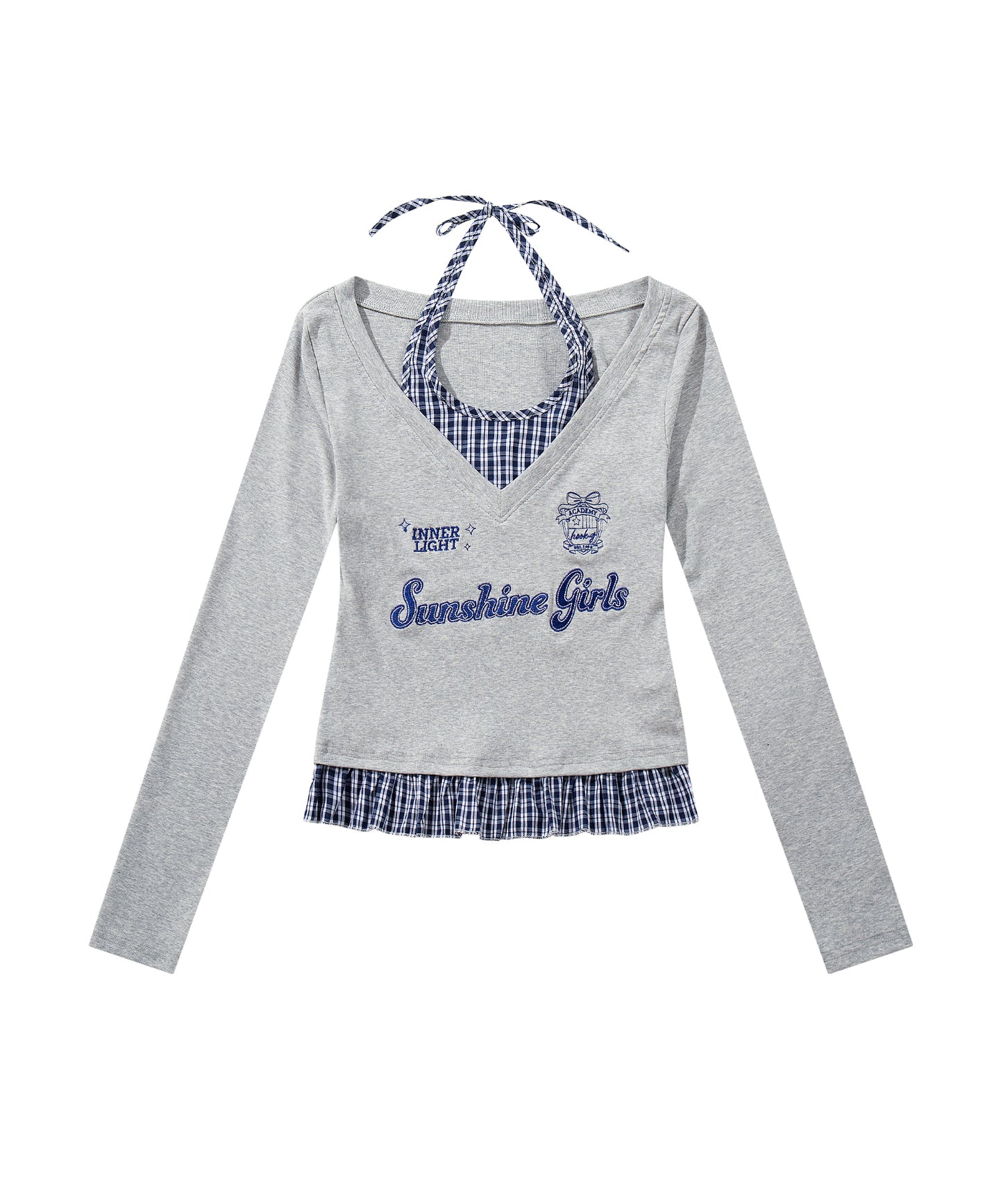 HOOK　for girls -original-　レイヤード風 アメカジ刺繍 チェックペプラムカットソー