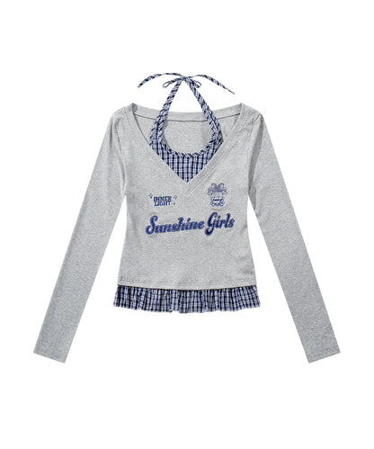 HOOK　for girls -original-　レイヤード風 アメカジ刺繍 チェックペプラムカットソー