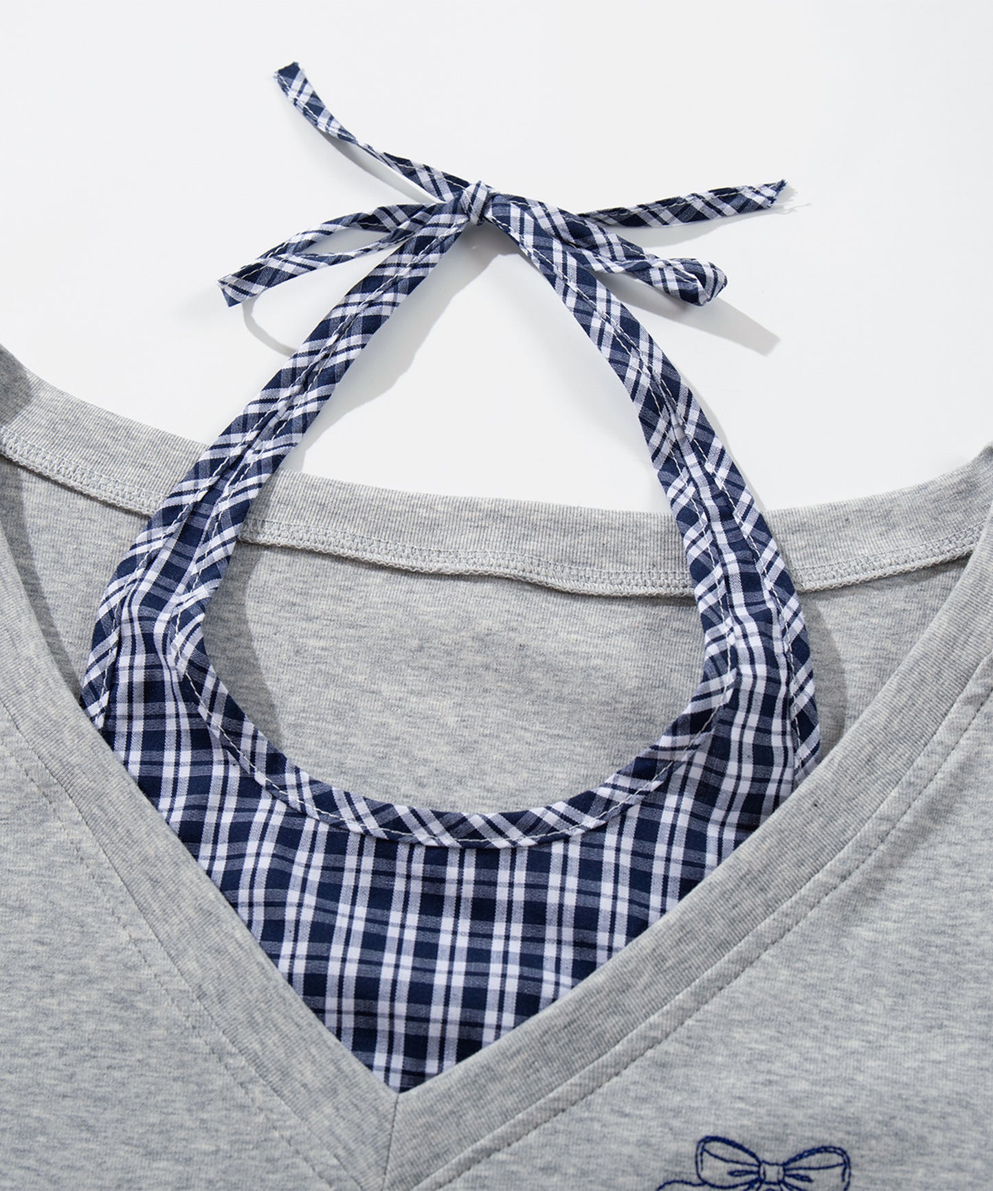 HOOK　for girls -original-　レイヤード風 アメカジ刺繍 チェックペプラムカットソー