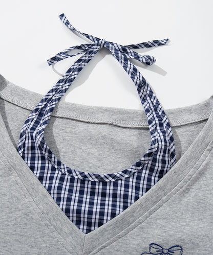 HOOK　for girls -original-　レイヤード風 アメカジ刺繍 チェックペプラムカットソー