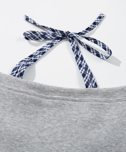 HOOK　for girls -original-　レイヤード風 アメカジ刺繍 チェックペプラムカットソー