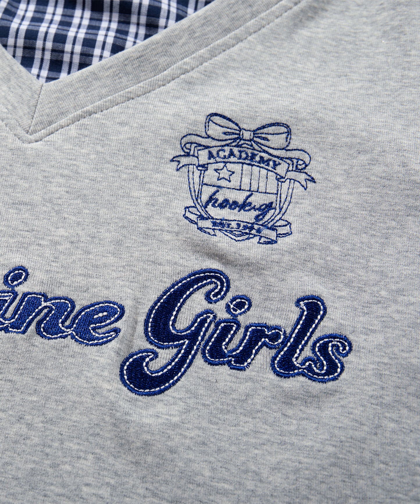 HOOK　for girls -original-　レイヤード風 アメカジ刺繍 チェックペプラムカットソー