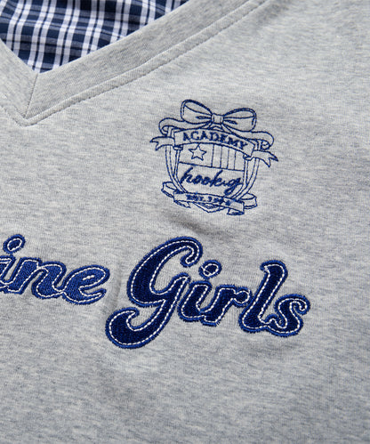 HOOK　for girls -original-　レイヤード風 アメカジ刺繍 チェックペプラムカットソー