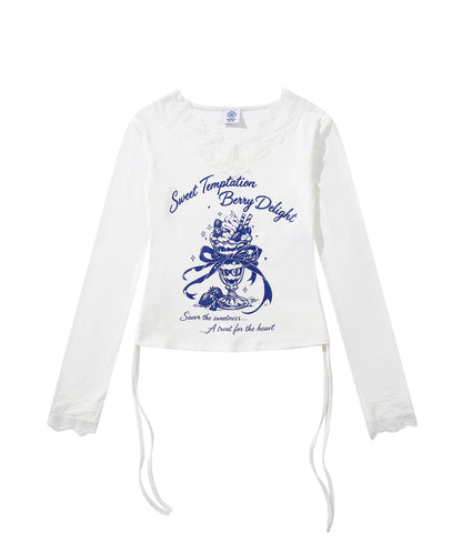 HOOK　for girls -original-　レースVネックプリントシャーリングトップス