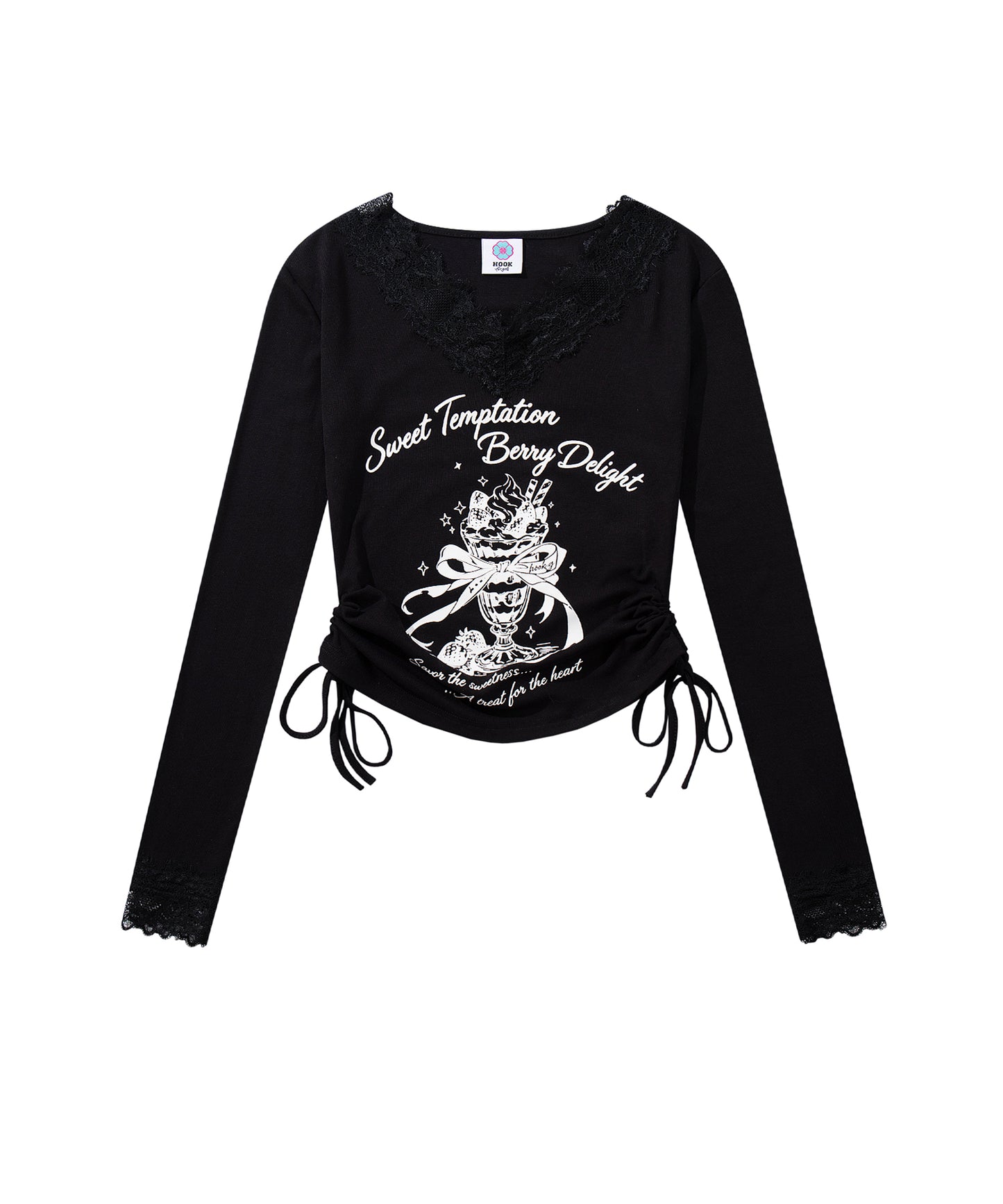 HOOK　for girls -original-　レースVネックプリントシャーリングトップス