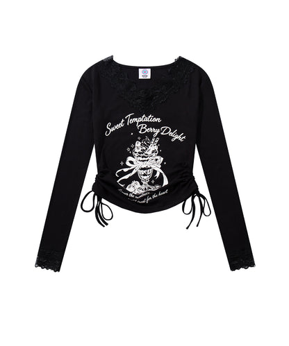 HOOK　for girls -original-　レースVネックプリントシャーリングトップス