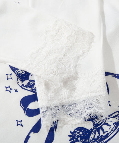 HOOK　for girls -original-　レースVネックプリントシャーリングトップス