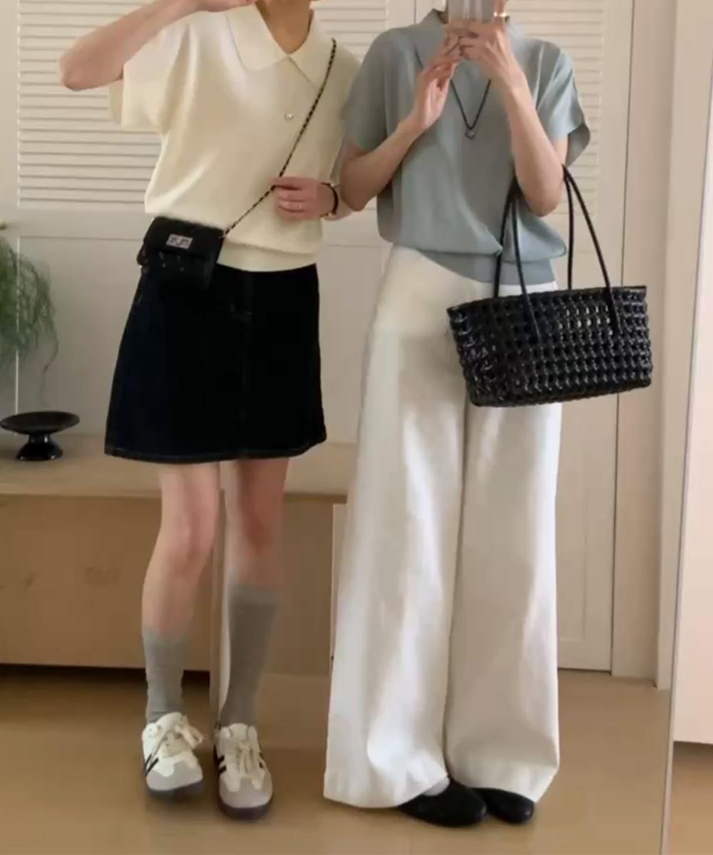 丸襟付き半袖ニットトップス