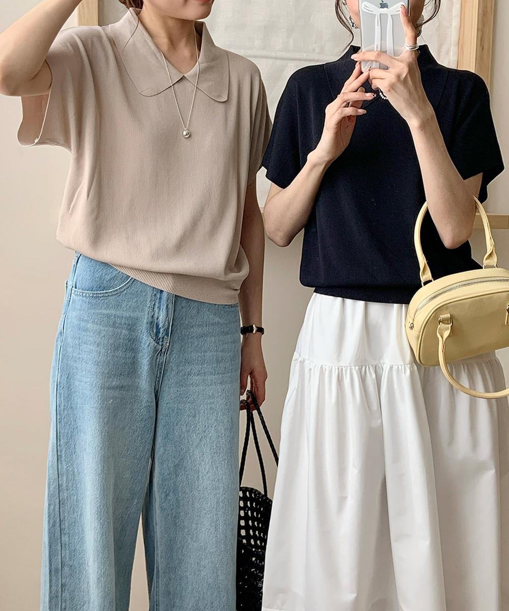 丸襟付き半袖ニットトップス