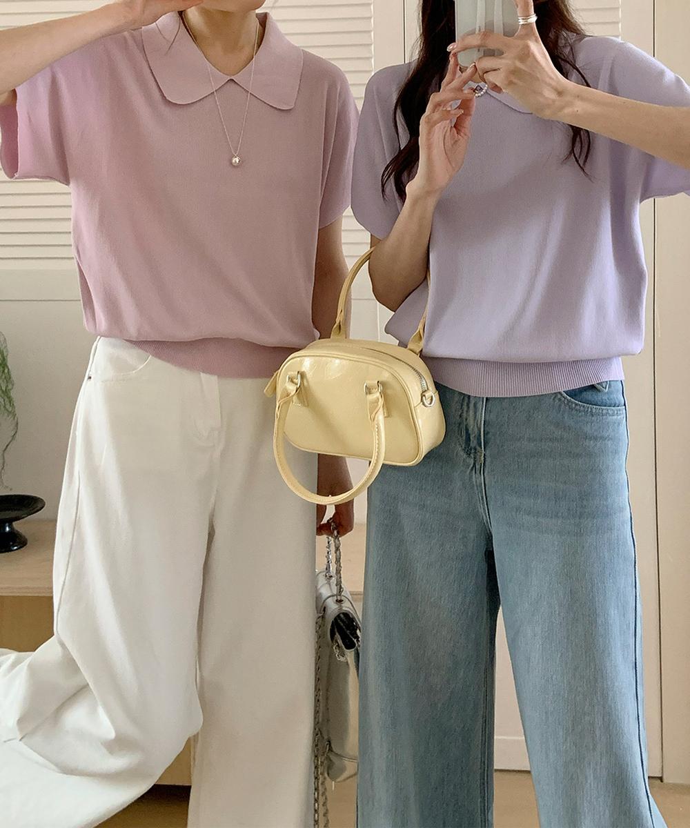 丸襟付き半袖ニットトップス