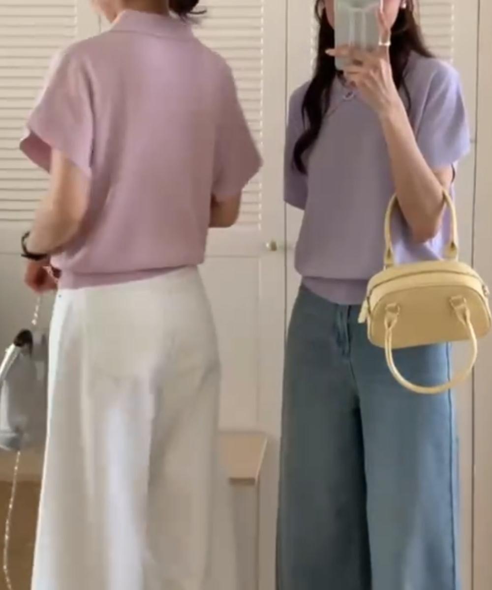 丸襟付き半袖ニットトップス
