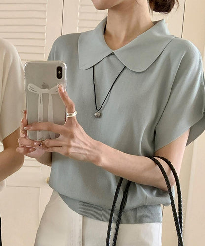 丸襟付き半袖ニットトップス