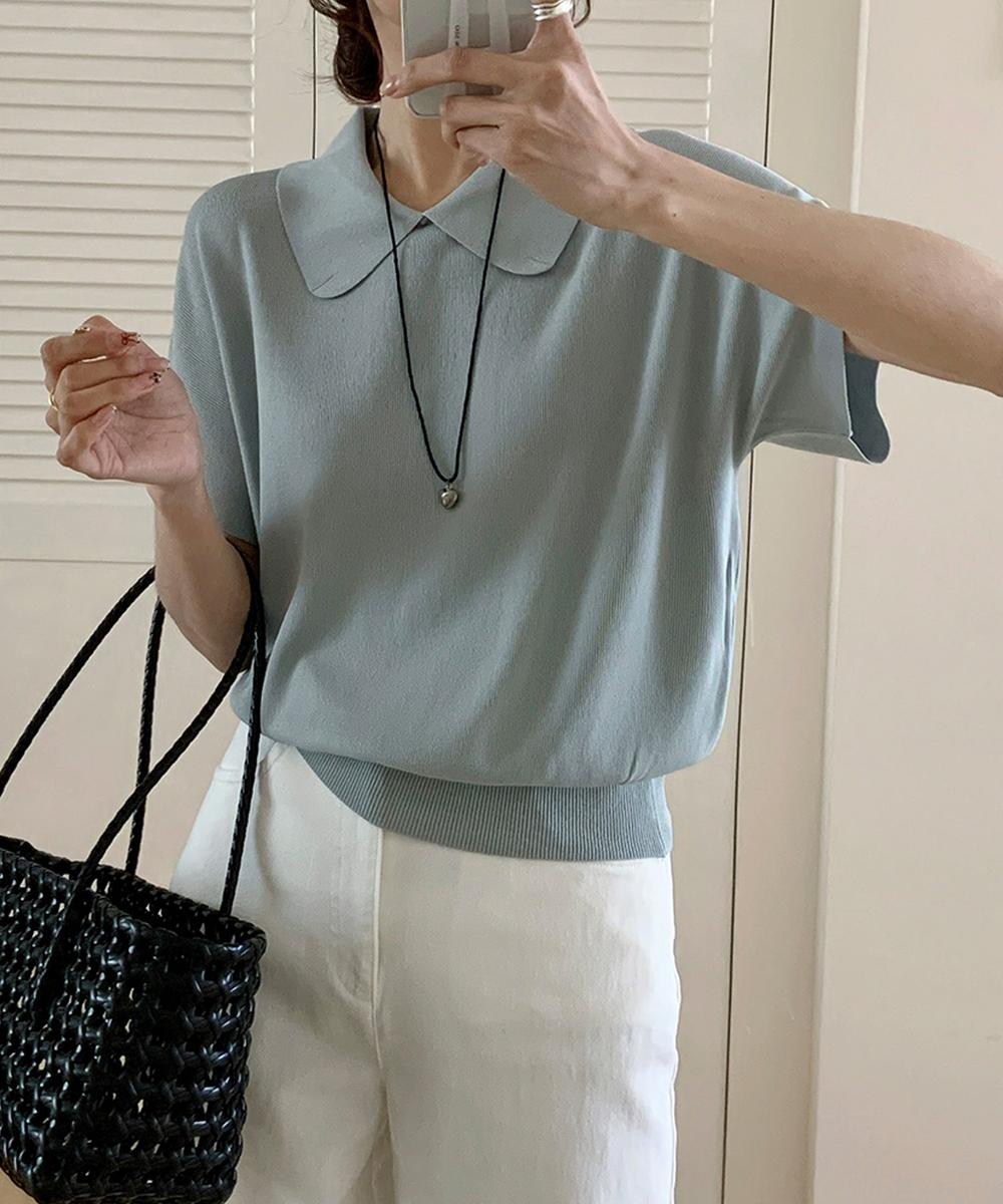 丸襟付き半袖ニットトップス