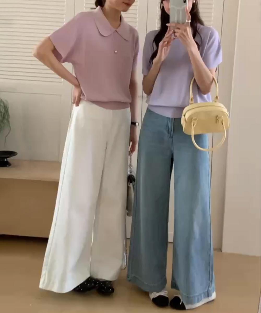 丸襟付き半袖ニットトップス