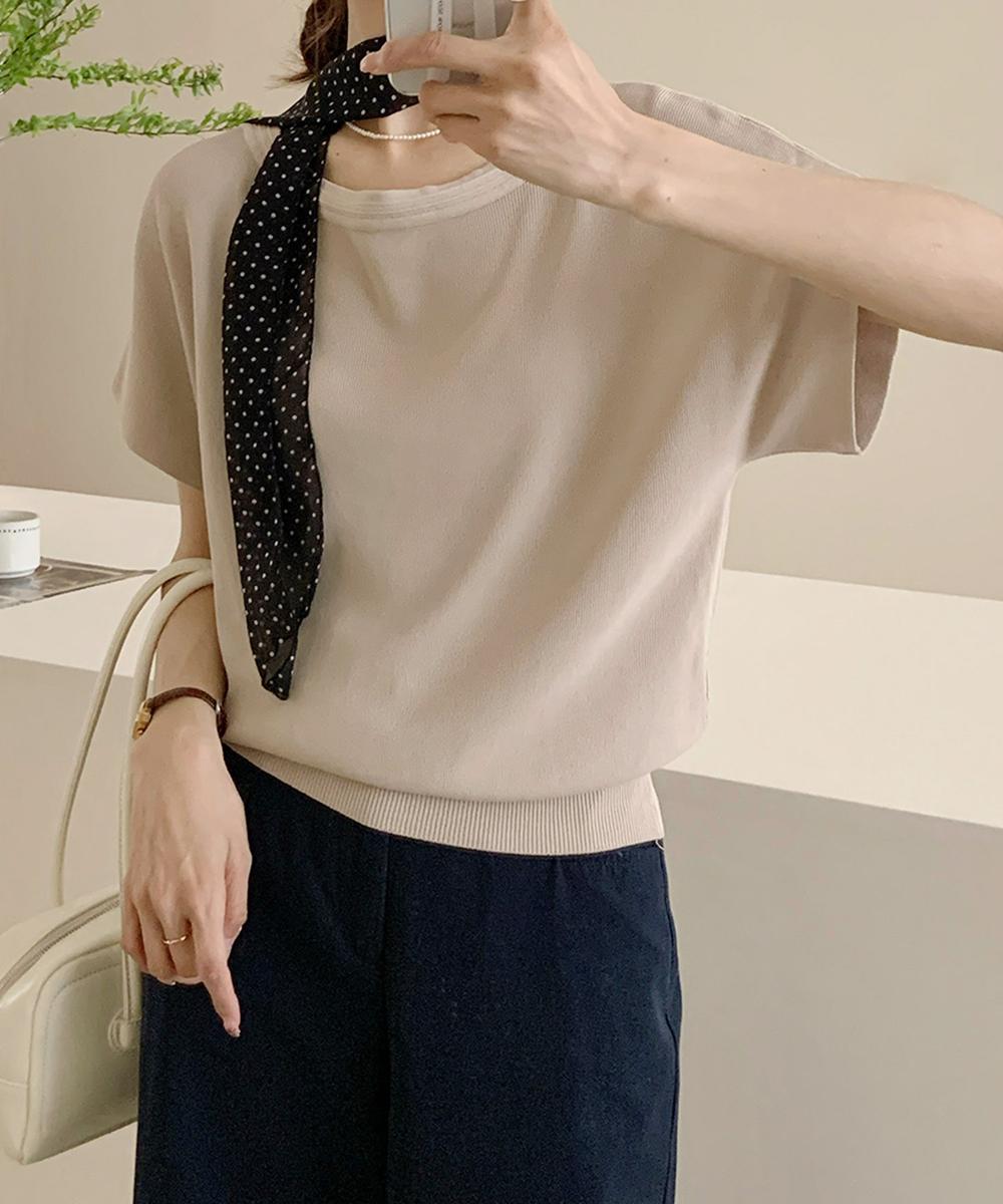 ボートネック半袖ニットトップス