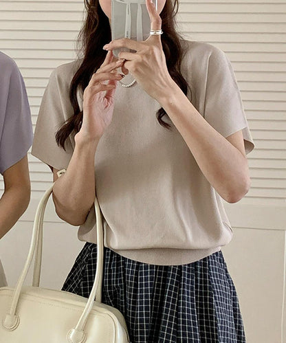 クルーネックリブ編み半袖ニットトップス