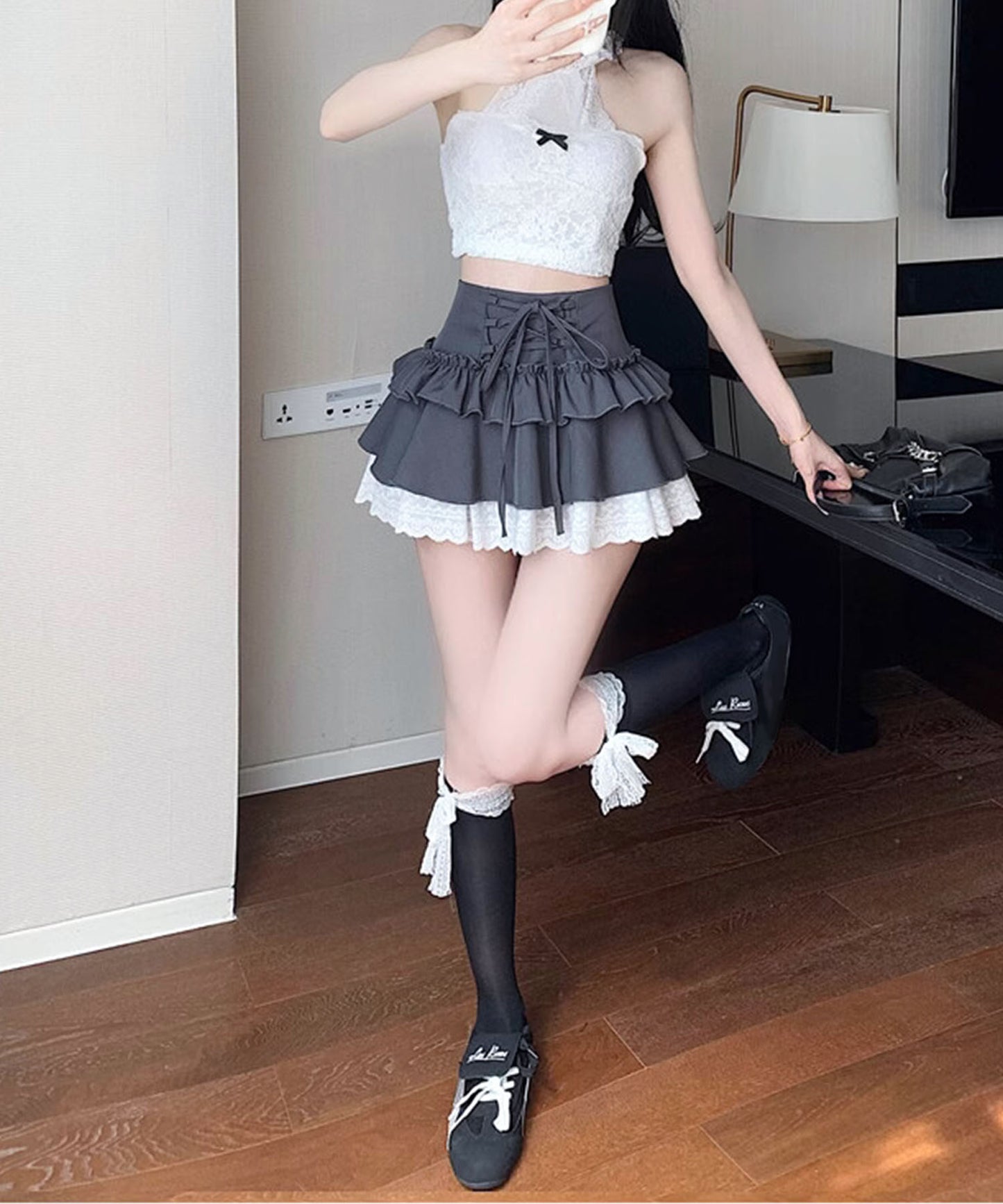 【HOOK】for girls レース切替フリルティアードミニスカート
