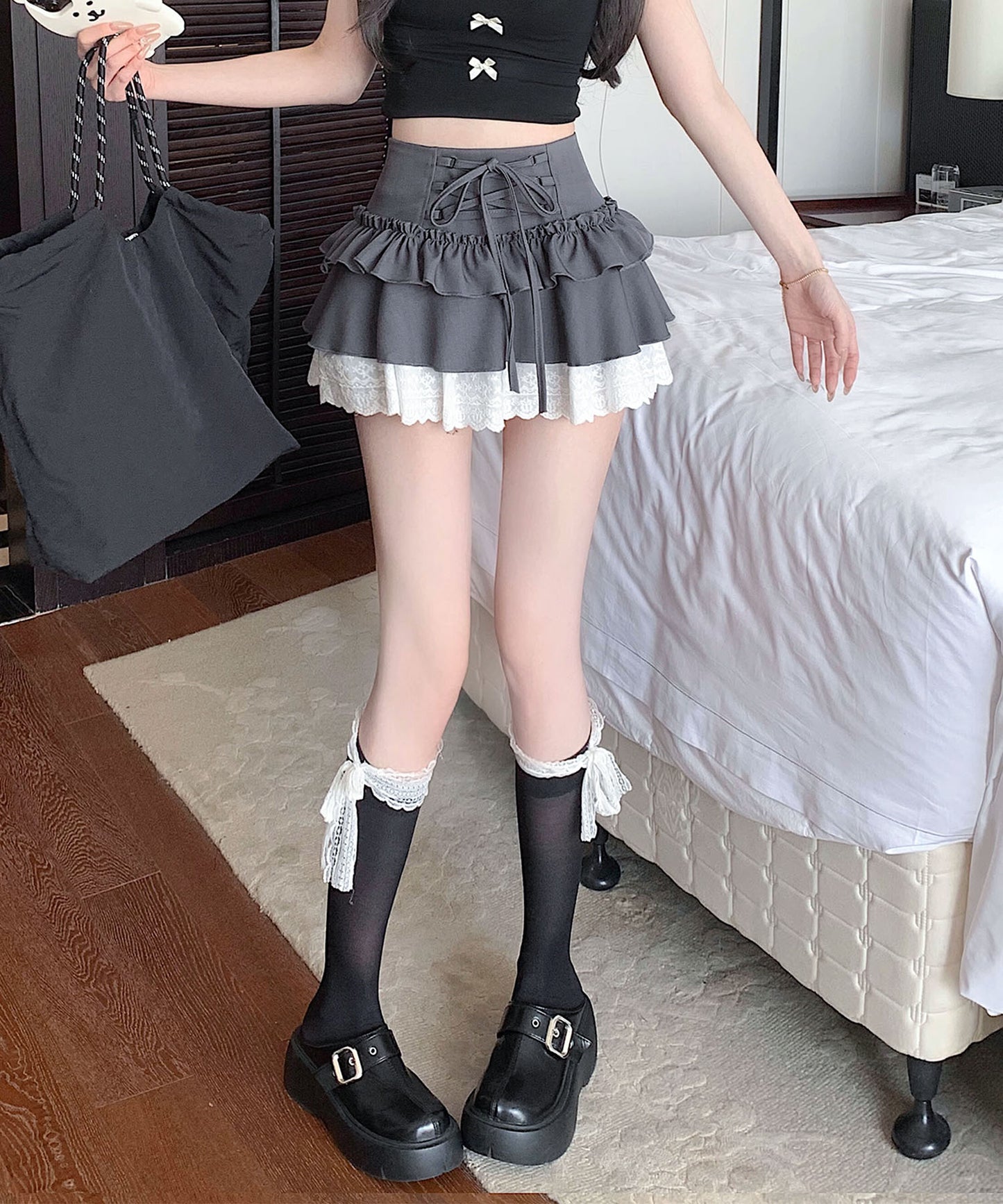 【HOOK】for girls レース切替フリルティアードミニスカート