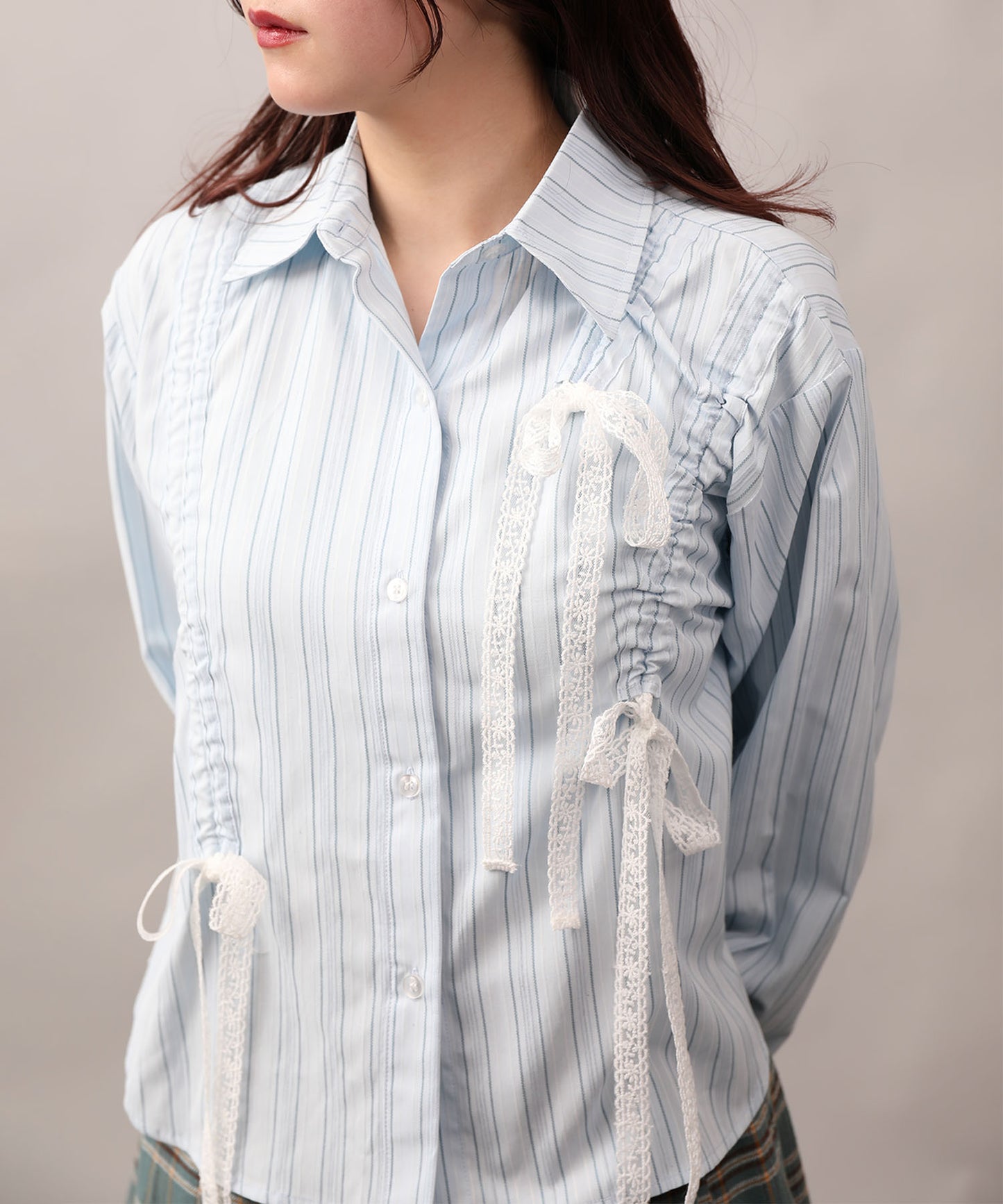 【HOOK】for girls 　アシメトリーシャーリングストライプ柄シャツ
