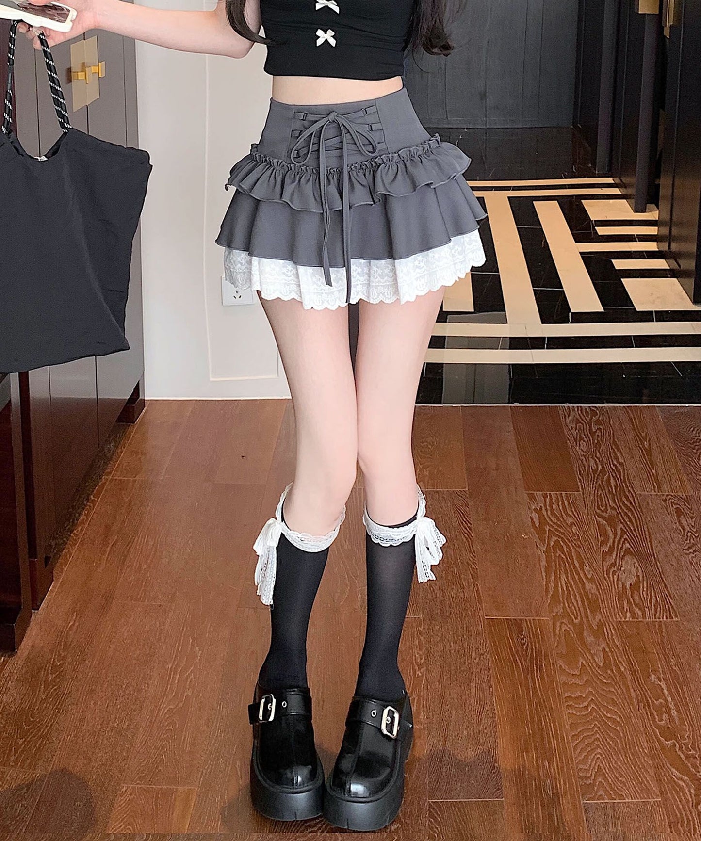 【HOOK】for girls レース切替フリルティアードミニスカート