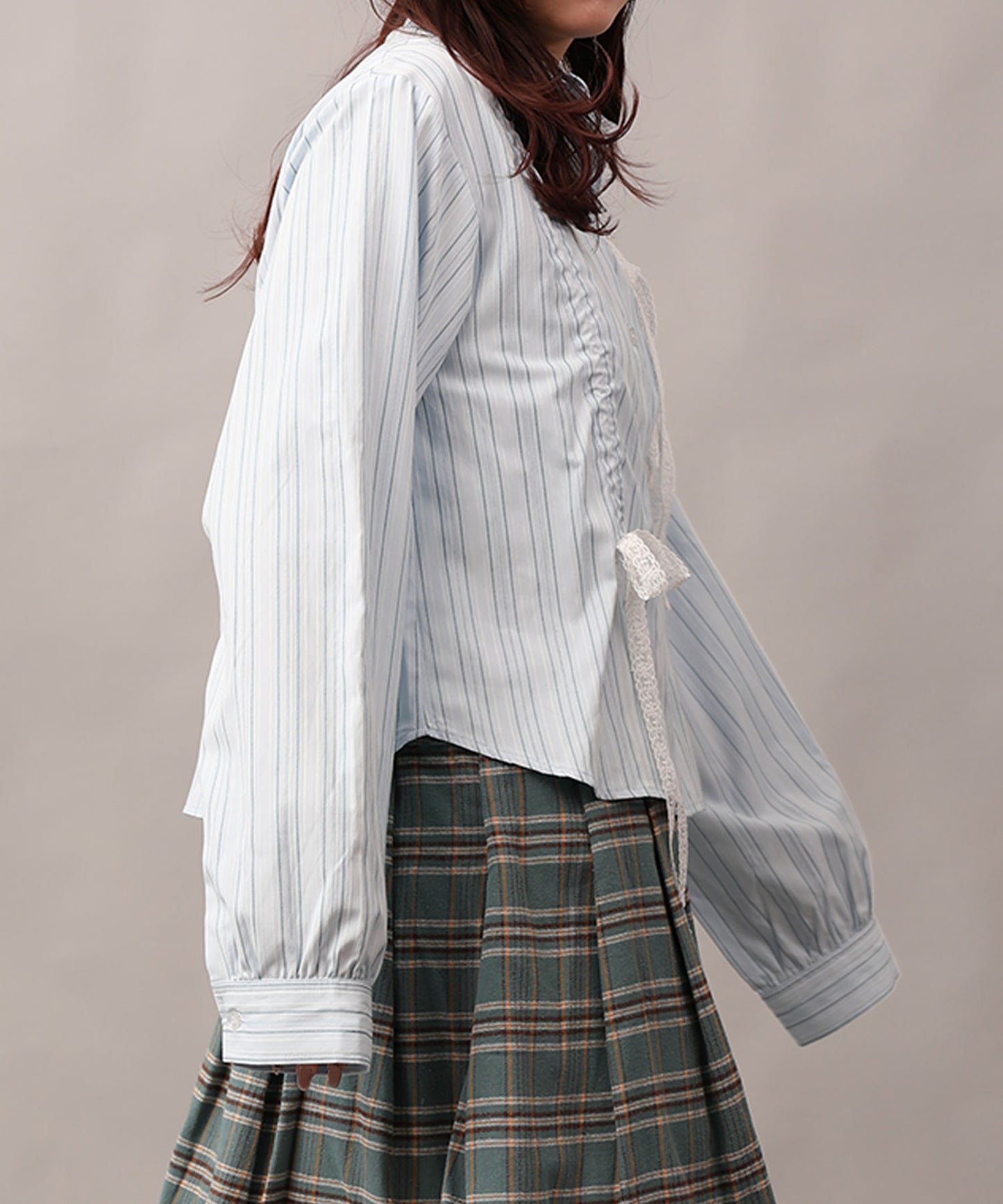 【HOOK】for girls 　アシメトリーシャーリングストライプ柄シャツ
