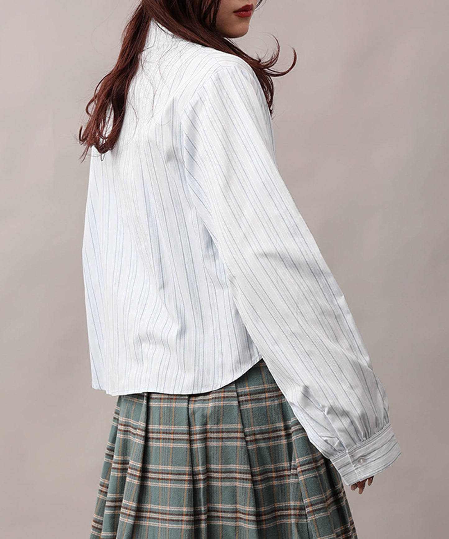 【HOOK】for girls 　アシメトリーシャーリングストライプ柄シャツ