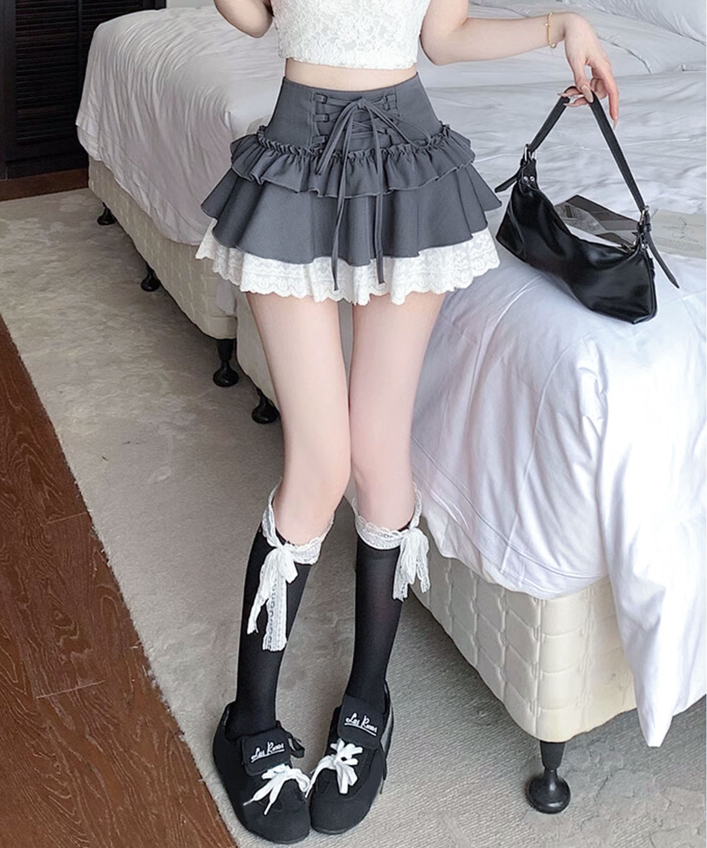 【HOOK】for girls レース切替フリルティアードミニスカート