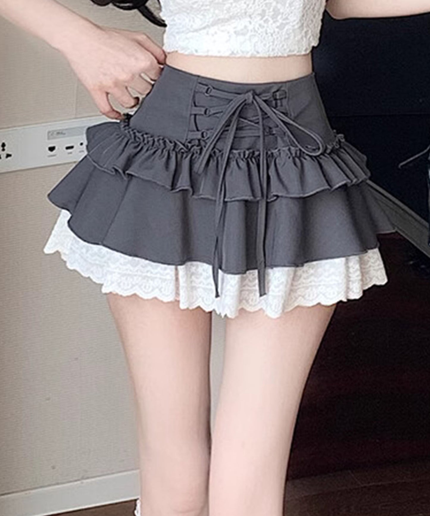 【HOOK】for girls レース切替フリルティアードミニスカート