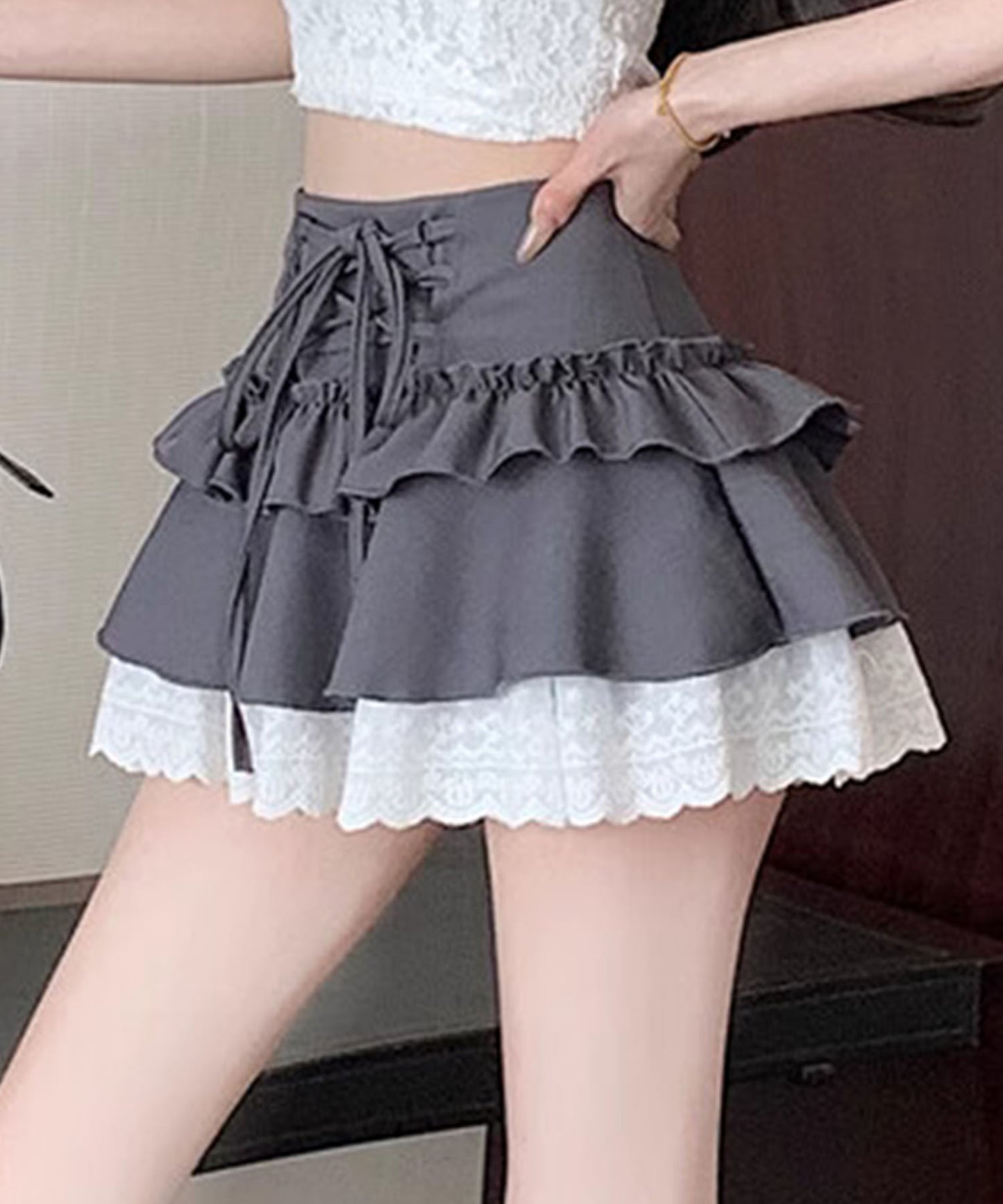 【HOOK】for girls レース切替フリルティアードミニスカート